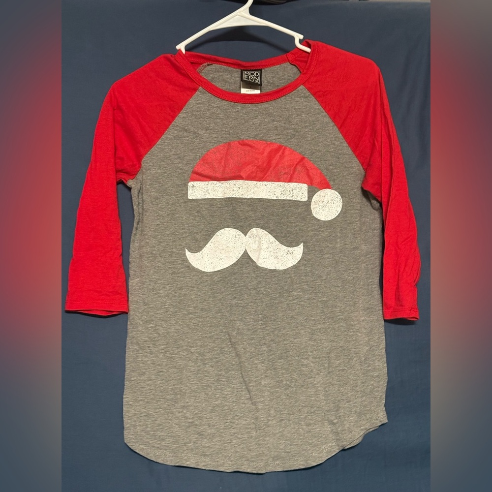 Modern Lux Red and Gray Long Sleeve Tee with Santa Design